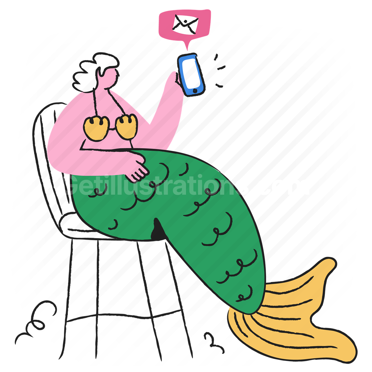 woman, mermaid, fish, message, notification, email, smartphone, mobile, chair